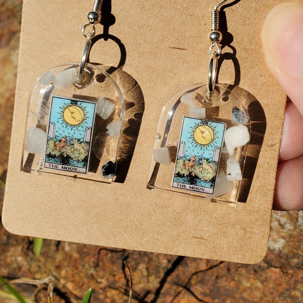 Hand Made Resin Tarot Themed Earrings-The Moon Card w/Moon Stone Crystal bits